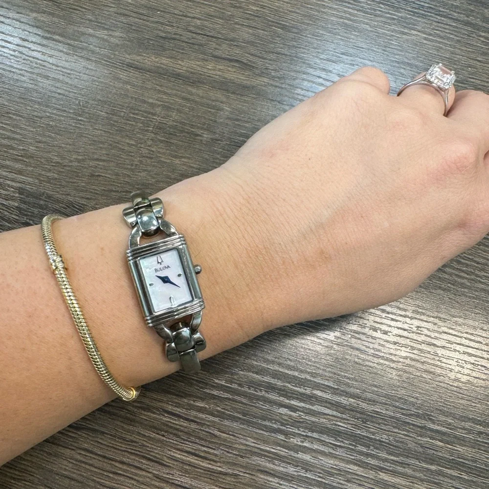 Women's 17mm Silver Tone Bulova rectangle wrist watch